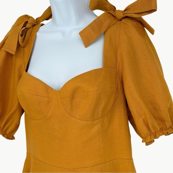 Reformation Spring Bow Linen Corset Mini Dress Size 6 Yellow Puff Sleeve A Line - Picture 6 of 14